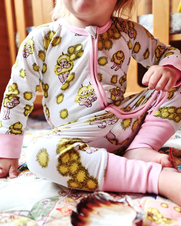 May Gibbs x Kip&Co Wattle Dance White Organic Long Sleeve Zip Romper