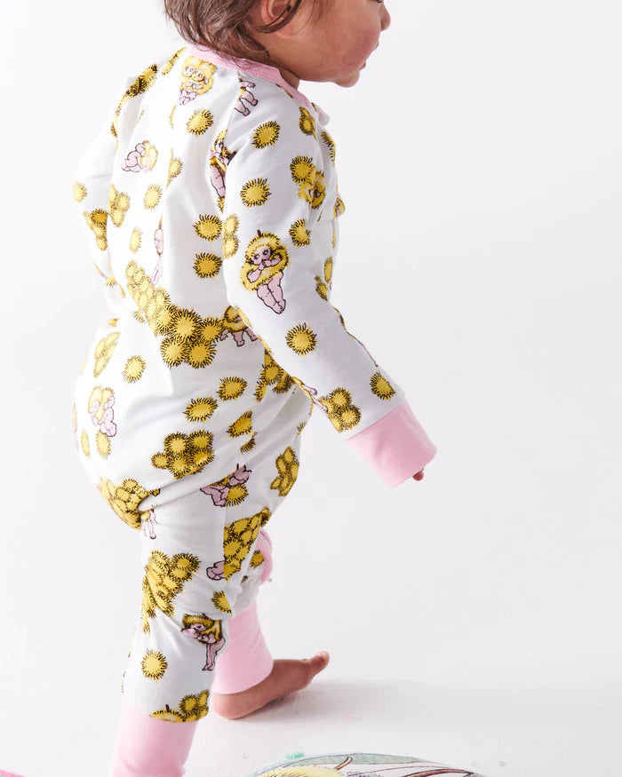 May Gibbs x Kip&Co Wattle Dance White Organic Long Sleeve Zip Romper