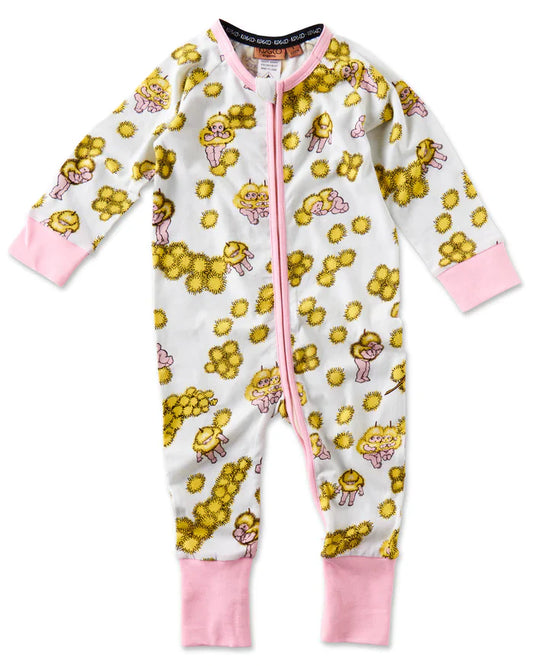 May Gibbs x Kip&Co Wattle Dance White Organic Long Sleeve Zip Romper